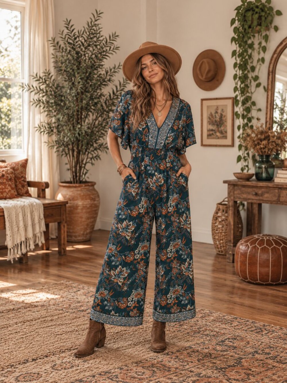 Boho Floral Maxi Dress in Dark Green
